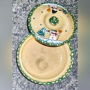 Vintage Covered Snowman Pie Dish Winter Hand Painted Spongeware Lidded Baking